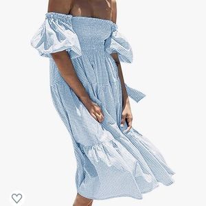 Blogger favorite blue and white gingham dress. Worn on or off the shoulder